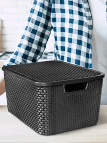 Kit 2 Caixas Organizadora Rattan Cesto com Tampa 7 Litros Preto - Preto - Visão 2