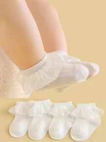 4 pares de calcetines lisos de estilo princesa con borde de encaje blanco, suave y cómodo para bebé niña