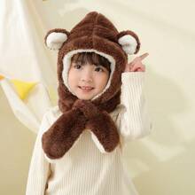 Kids' Winter Hat Scarf Set, Unisex Plush Hat With Ears And Scarf, Thick Warm Windproof Cap - Coffee Brown - View 5