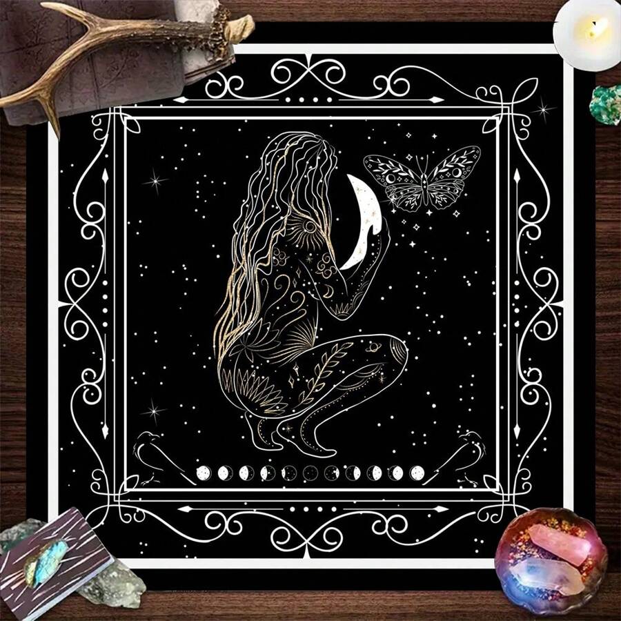 1pc Black And White Hair Long Woman Astrological Flowers & Lunar Phases