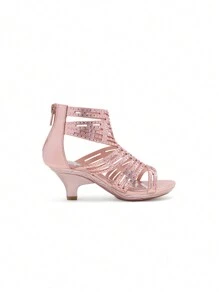 Toddler/Little Kid/Big Kid Black Low Heel Dress Pump Sandals With Diamond Party Wedding Fashion Sandals - Hồng - Xem 4