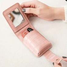 1pc Mini Portable Lipstick Bag With Mirror,Minimalism Small Cosmetic Bag With Button, Crocodile Embossed Women's Makeup Storage Case - Purple - View 8