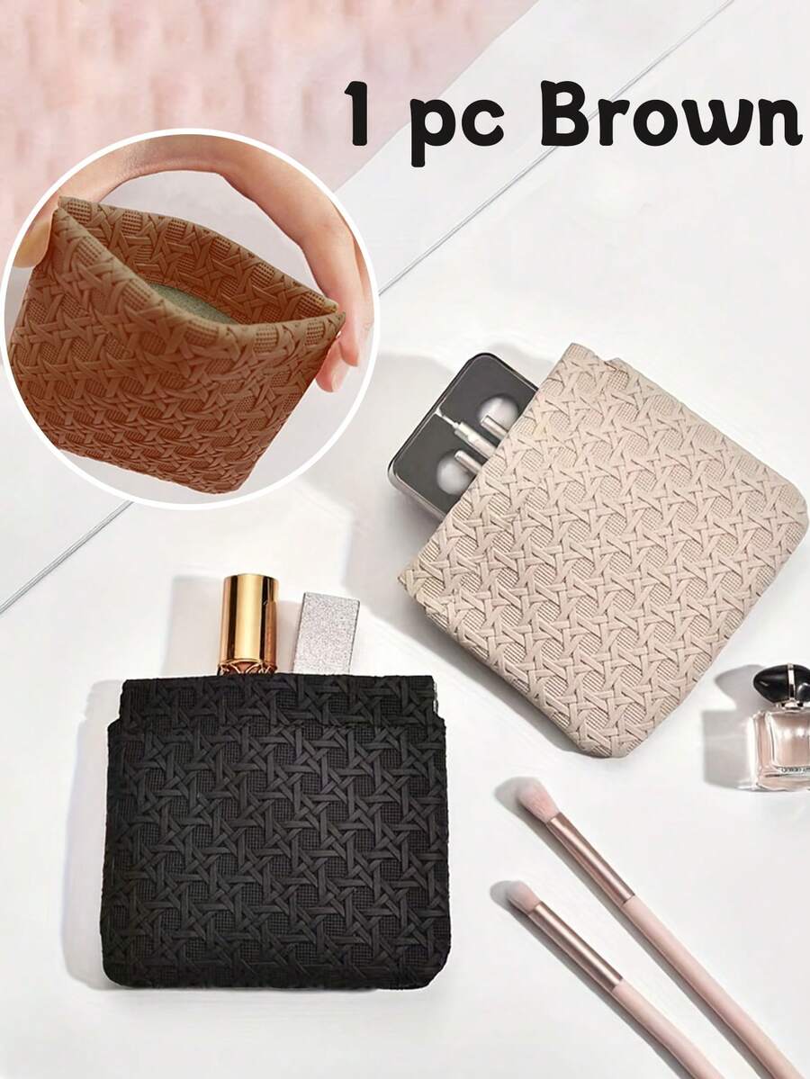 1個棕色收納小袋,輕巧多功能收納袋,自動閉合幾何浮雕袋,多功能自動閉合包,適用於旅行,是家人和朋友的好禮物