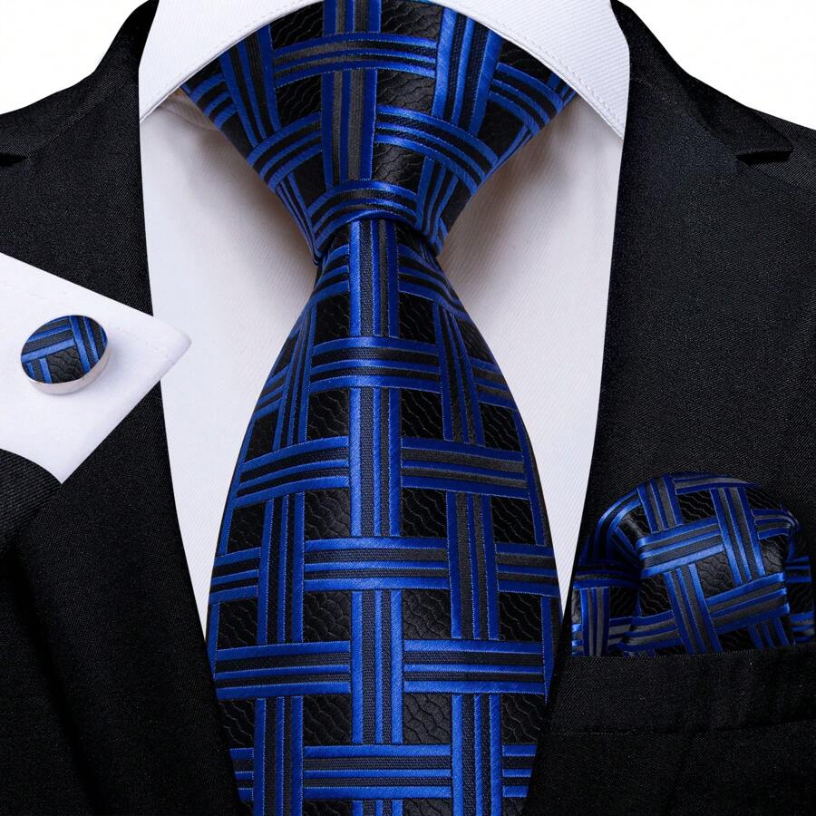 DiBanGu Men Silk Ties Striped Tie Green Blue Necktie Hanky Cufflinks Suit Set Wedding Party Prom - Blue - View 1