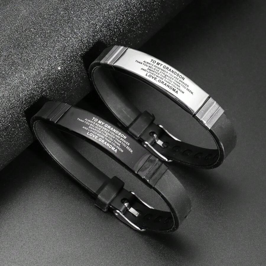 1pc Fashionable To My Grandson Stainless Steel Silicone Bangle Bracelet For Men - Silver - View 1