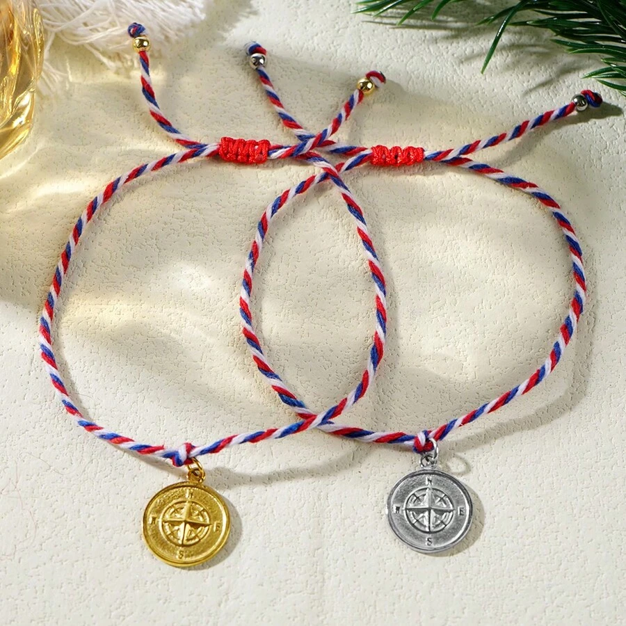 1 件 Martis 傳統珠寶金/銀彩色壓花指南針吊墜編織時尚 2024 年希臘三月女式手鍊