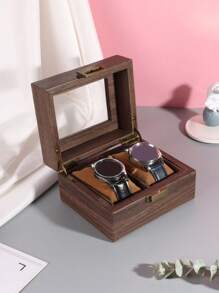 1pc Vintage Double Slots Watch Box With Skylight And Wood Grain Pu Leather Cover - Brown - View 1