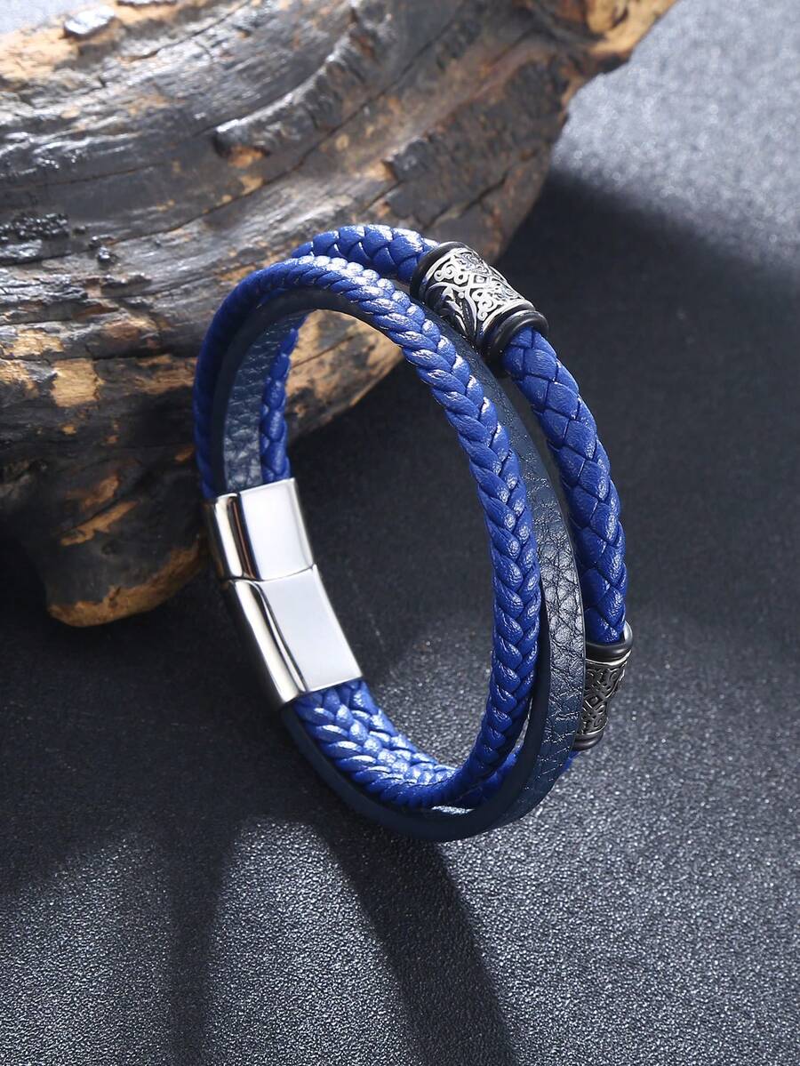 1入藍色多層皮革編織不鏽鋼磁扣手鐲,時尚高端男士禮物 - 藍色 - 查看 1