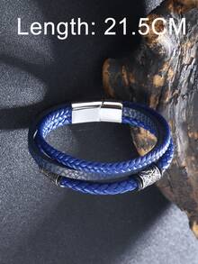 1入藍色多層皮革編織不鏽鋼磁扣手鐲,時尚高端男士禮物 - 藍色 - 查看 3