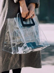 1個透明eva手提袋,透明塑料手柄禮品袋,行李收納便攜袋,旅行必備。透明手提袋透明購物袋肩袋手提袋,防水禮品化妝品袋,對比綁定購物袋果凍袋禮品袋海灘包沙灘必備品海灘毛巾收納袋海灘配件海灘用品假期包假期必備品夏季度假用 - 黑色 - 查看 3