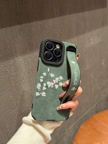 Green Phone Case With Strap Cherry Blossom Pattern Pu Sticker Painted Apple Phone Case Waterproof Shockproof Anti-Fall Scratch Resistant - Multicolor - View 3