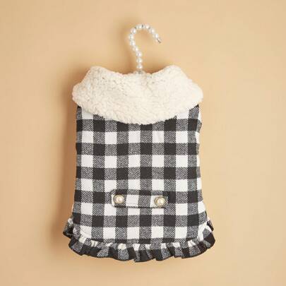 1 pezzo Giacca in cotone imbottita per animali domestici, con chiusura a strappo, motivo a quadri e bordo in perle, adatta per gatti e cani di piccola taglia in autunno/inverno, Natale