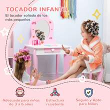 ZONEKIZ Tocador Infantil de Madera Tocador para Niñas con Taburete y Espejo Tocador de Maquillaje para Niñas de 3-6 Años con Cajón 50x36,5x89,5 cm Rosa - Rosa - Ver 2