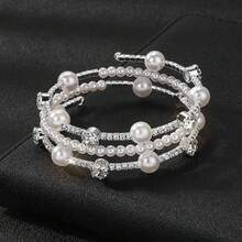 1pc Cross-Border Elastic Multilayer Bracelet Of Pearls And Rhinestones, Wrapping Bracelet Of Pearls And Rhinestones With Waterdrrops For Women - Silver - View 7