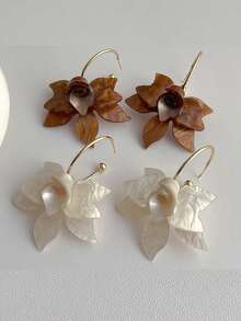 1對女童法式復古風格壓克力花形耳環,優雅獨特 - 咖啡棕 - 查看 3