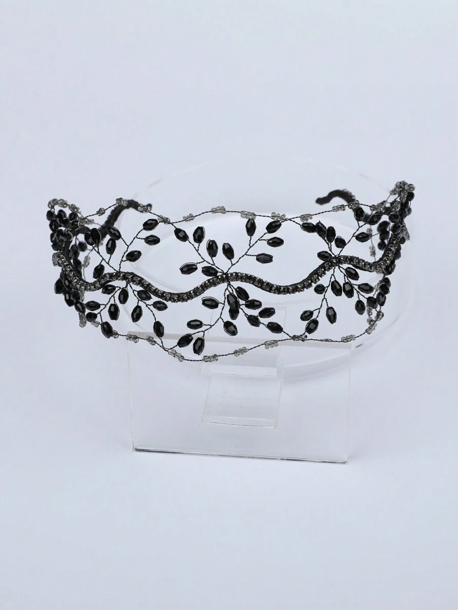 European And American Handmade Crystal Beaded Bridal Crown, Wedding Toast Tray Hair Decoration, Wedding Hair Net Headband - Black - View 1