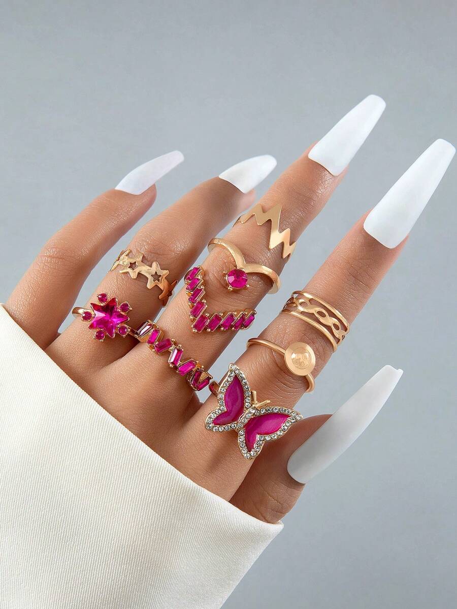 imoli 9入組/套時尚鋅合金水鑽蝴蝶和星形裝飾戒指適合女士適用於日常生活