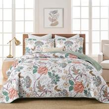3 Pieces  DJY Floral Quilt Set Queen Size, Blue Botanical Bedspread Coverlet Set Soft Lightweight Microfiber Vintage Flower Bedding Set For All Season - 鼠尾草綠 - 查看 2