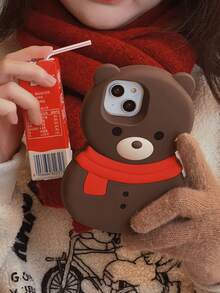 Thiết kế khăn quàng đỏ & gấu nâu Vỏ bảo vệ silicon mềm Tương thích với iPhone 15Promax, 14, 13, 12, Phong cách hoạt hình & dễ thương & sáng tạo dành cho nữ - màu nâu - Xem 3