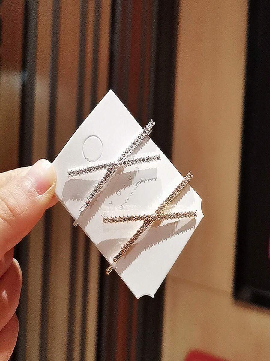 1pair Sparkling Personalized Cross X Shaped Rhinestone Hair Clip For Girls - 1 Silver + 1 Gold - View 1