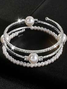 1 件简约多层仿珍珠水晶水钻手链时尚个性化水钻手链 - 彩色 - 查看 12