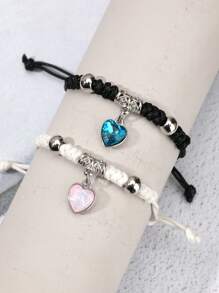 2入組流行的ins風格黑白情侶手工編織繩手鍊,配有鑽石鑲嵌心形和藍色海洋心形吊飾,情人節禮物男士手鍊女士手鍊 - 藍色 - 查看 1