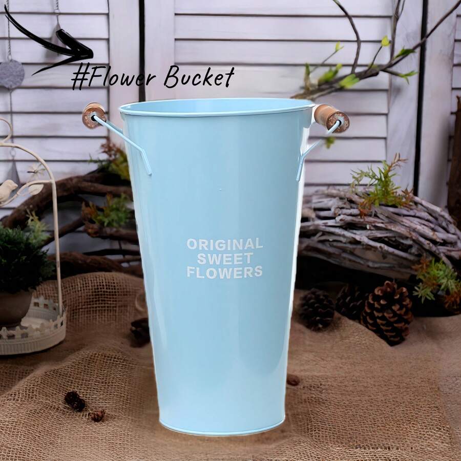 1pc Vintage Wooden Handled Flower Bucket, European Style Light Blue Tinplate Hug Bucket For Flower Arranging, Indoor Decoration, Party Gift - Baby Blue - View 1