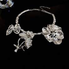 1 件欧美风格水钻花朵和蝴蝶吊坠项链，时尚个性锁骨链，个性化简约美学设计，适合女性日常佩戴和节日礼物 - 銀色 - 查看 4