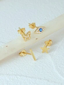 4入組925純銀精緻蝴蝶星型耳釘套裝,適用於多處穿孔,18k鍍金軟骨,低敏水晶鋯石邪惡之眼款耳環,可日常佩戴,適用於婚禮、情人節等場合 - 金色 - 查看 4