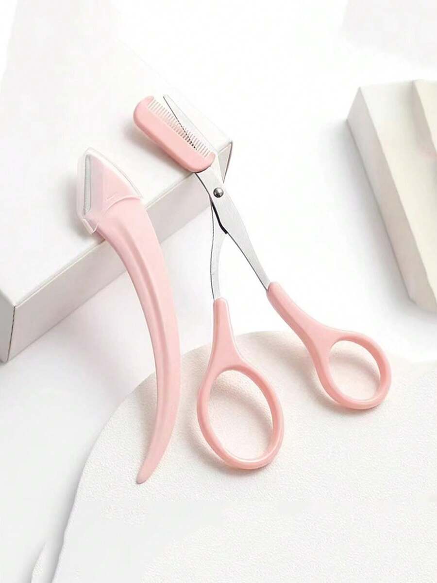2 Piezas/set Navaja Para Cejas En Forma De Media Luna Con Peine Y Micro Cuchilla, Utilizado Para Recortar Y Dar Forma A Las Cejas - Rosa - Ver 1