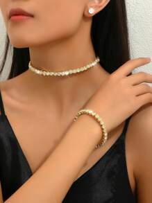 4pcs/Set Rhinestone Studded Party Dinner Jewelry Set Including Earrings, Bracelet, Necklace - Yellow Gold - View 3