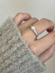 1pc S925 Sterling Silver Ring With Faux Pearl & Wheat Straw Design Open Ring, Simple Fashionable Unique Personalized Gift For Women, Suitable For Daily Wear And Holiday Gifts - Silver - View 2