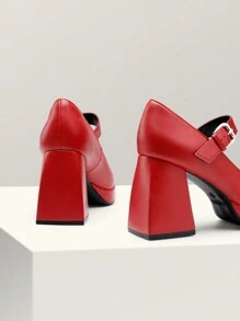 Women High Chunky Platform Closed Toe Block Heels Square Toe Strappy Dress Prom Wedding Party Pumps Shoes - 紅色 - 查看 6