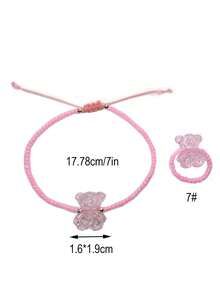 1 組可愛壓克力串珠淺粉紅小熊手鍊與戒指 - 一組可愛穿珠壓克力粉紅小熊手鍊和壓克力粉紅小熊戒指 - 查看 4