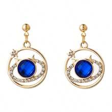 1pair Fashionable Blue Starry Planet Earrings With Rhinestone Star & Earth Pendant Suitable For Women's Daily Wear - Golden Cat Head - View 2