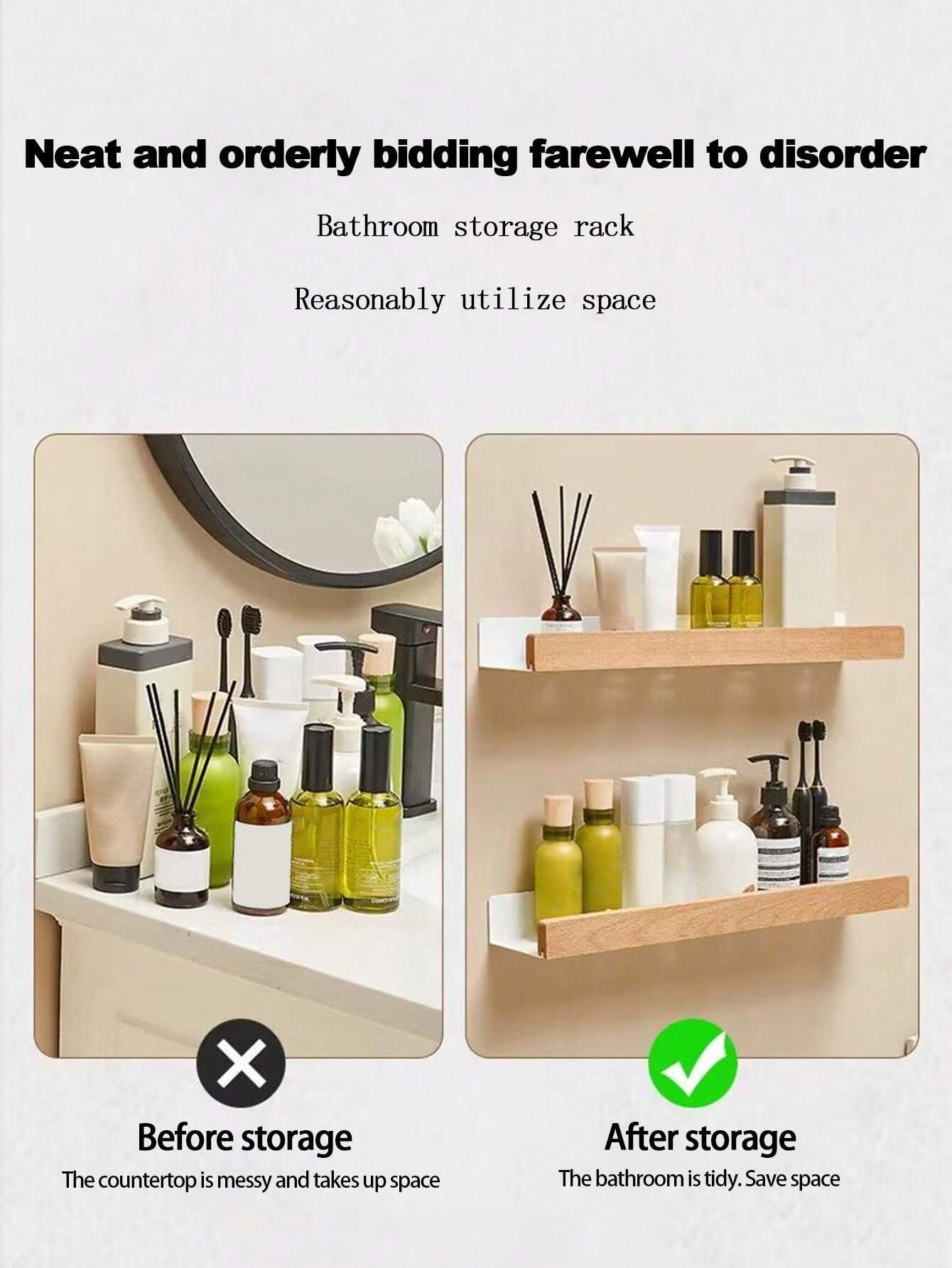 1pc White Bathroom WallMounted Shelf For Toiletries, No Drilling