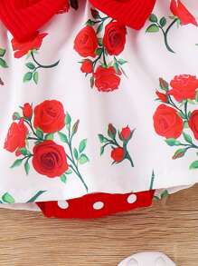 Set da 2 pezzi Pagliaccetto neonata con motivo a rose, arricciature, contrasto di colore e cappuccio, con fascia per capelli, stile casual da vacanza