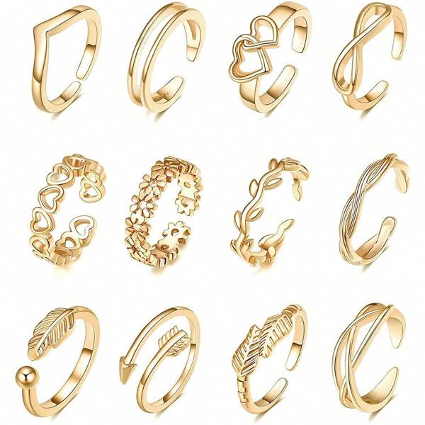 12 Piezas/set Conjunto De Anillos Para Nudillos De Mujer, Material De Metal Diseño De Flecha, Nudo, Estrella Y Luna Para Dedos Del Pie