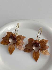 1對女童法式復古風格壓克力花形耳環,優雅獨特 - 咖啡棕 - 查看 4