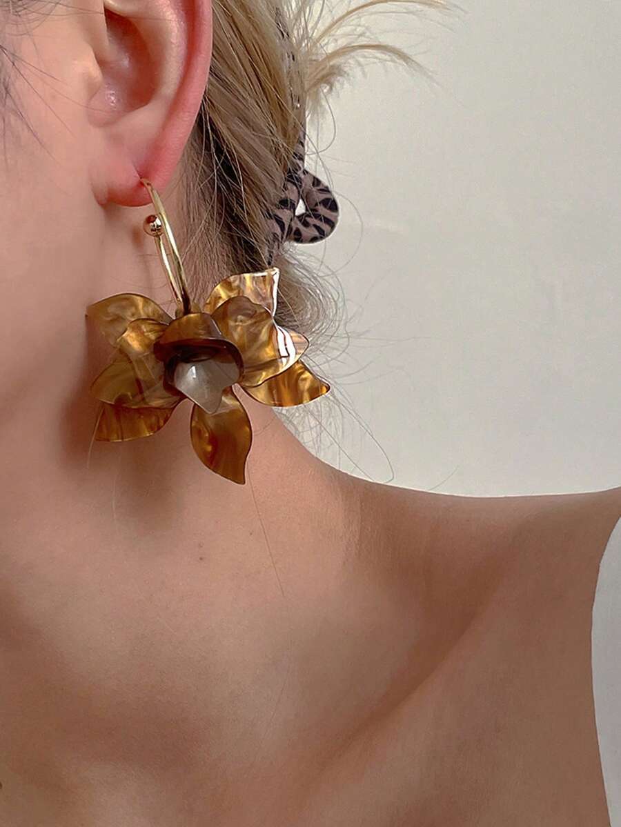 1對女童法式復古風格壓克力花形耳環,優雅獨特 - 咖啡棕 - 查看 1