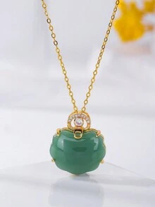 1入微鑲金邊葫蘆形幸運鎖項鍊,時尚設計,18k電鍍,節日派對的完美珠寶禮物,適合女士 - 綠色 - 查看 8