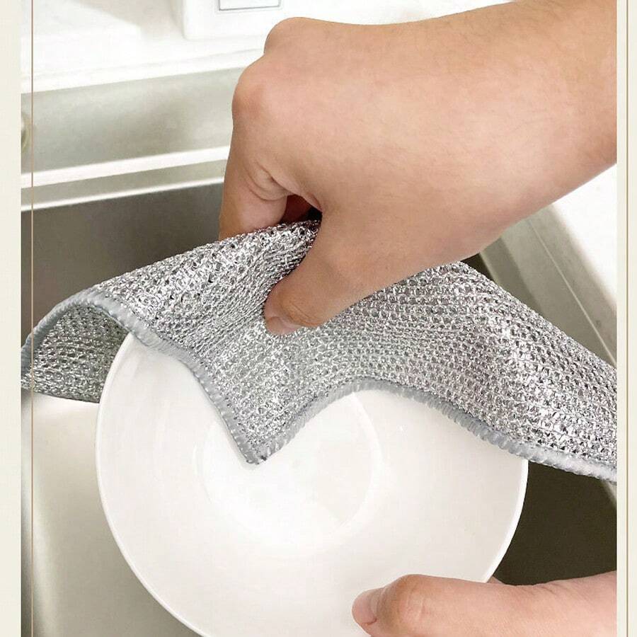Màu bạc Dây điện Vải Không dính Dầu Rửa chén Thép Len Vải Thép Cục len khăn lau bát đĩa Chải , Thích hợp Đối với Tủ lạnh , Dụng cụ nấu ăn , Lò vi ba Và Tủ - Gói 1 miếng bạc - Xem 1