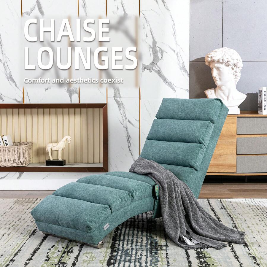 HOMEFUN Linen Chaise Lounge Indoor Chair Modern Long Lounger For Office Or Living Room - 青碧色 - 查看 1