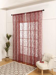 1pc Small Rose Embroidered Rod Pocket Sheer Curtain, Suitable For Living Room, Bedroom, Bay Window - Red - View 3