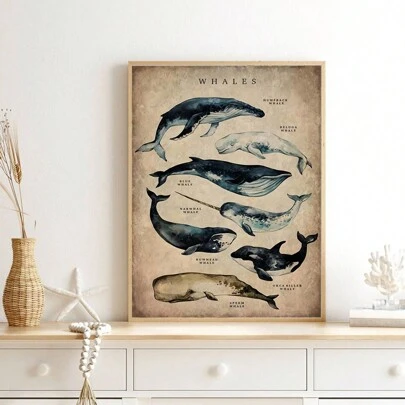 1張抽象海洋生物鯨魚海報畫布油畫和印刷品,適用於房間家庭裝飾無框畫