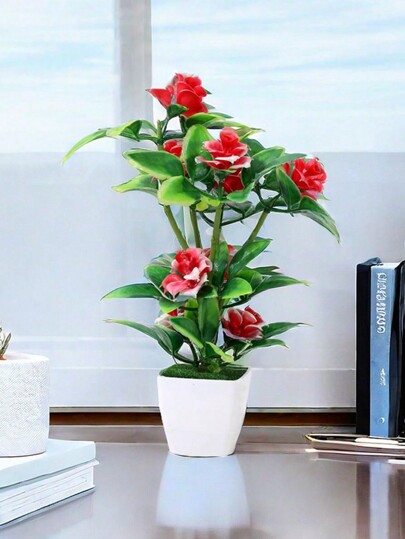 1 وردة برية اصطناعية محاكية للواقع باللون الأحمر والوردي والبنفسجي والبرتقالي متعددة الألوان مع إناء مربع أبيض لترتيب ديكور المنزل الصغير الزخرفي