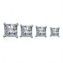 2 件/1 对简约方形水钻耳环，闪亮水钻耳环 - 銀色 - 查看 4