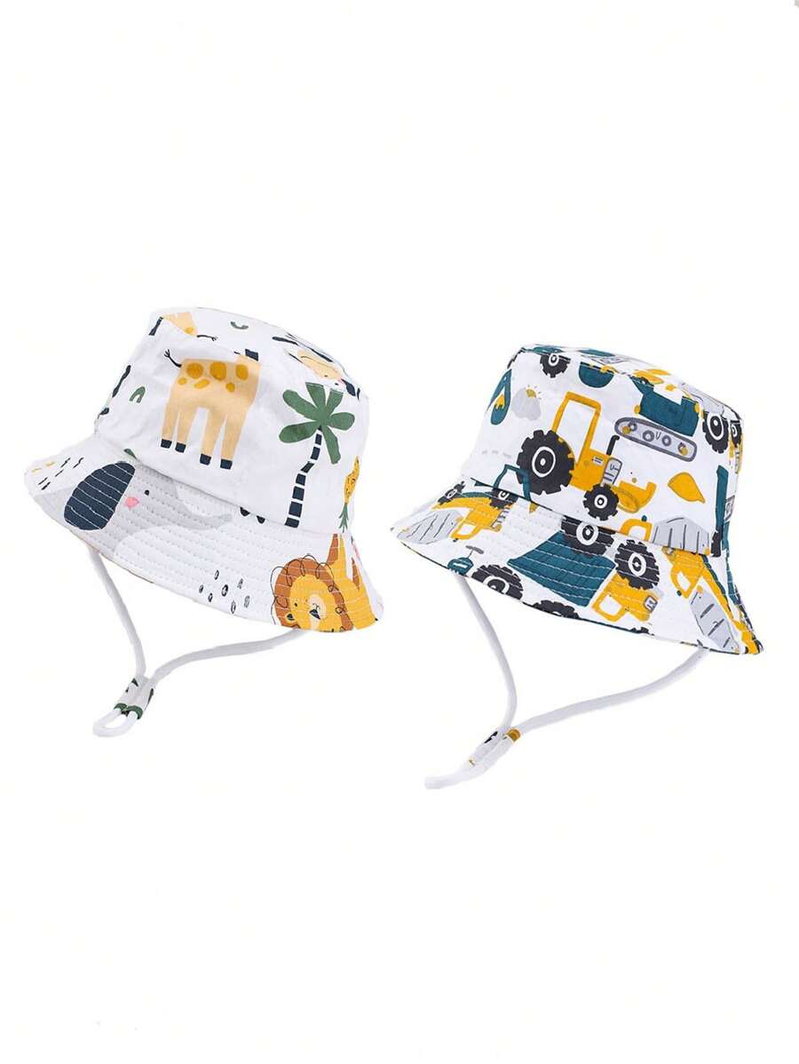 2pcs Kids' Bucket Hat With Animal Park & Construction Vehicle Patterns, Unisex, Great For Daily Outdoor Activities, Beach, Sun Protection - Multicolor - View 1