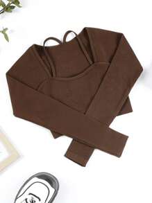 Women's Spring/Summer Ribbed Long Sleeve T-Shirt & Leggings Yoga Sportswear Set Workout Sets - Coffee Brown - View 5