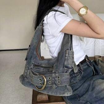 Large Capacity Women Handbag Fashion Denim Single Female Shoulder Crossbody Bag Casual Rivets Ladies Big Totes Armpit Bag Vintage And Retro Denim Shoulder Bags